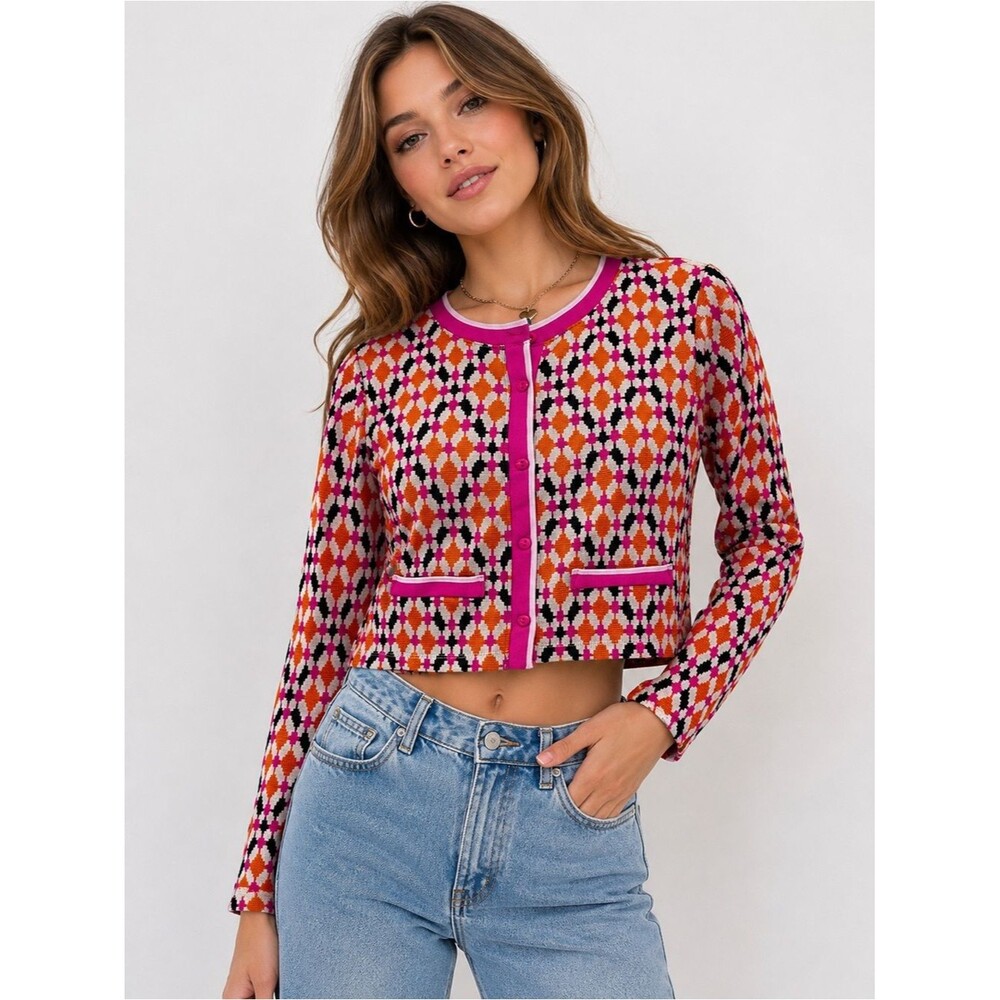 Scoop Geometric Cropped Cardigan Pink Orange Retro Mod Knit Sweater Barbiecore